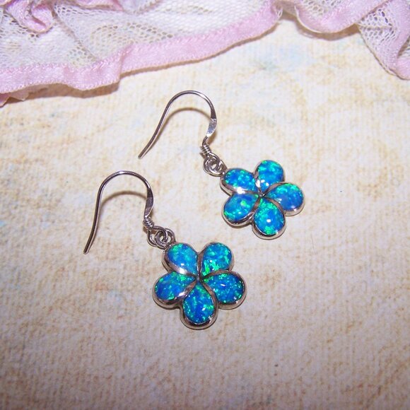 Vintage Sterling Silver Lab Opal Inlay Dangle Earrings - Daisy Design - Picture 5 of 8